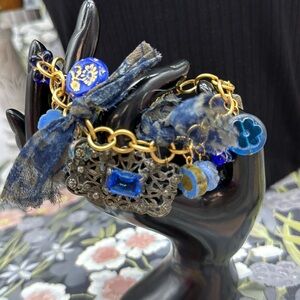 ⭐️Adorned Crown Jewelry assemblage filigree shades of blue blue charm bracelet